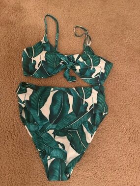 High-Waist Tropical Leaf Bikini Set in Teal and White